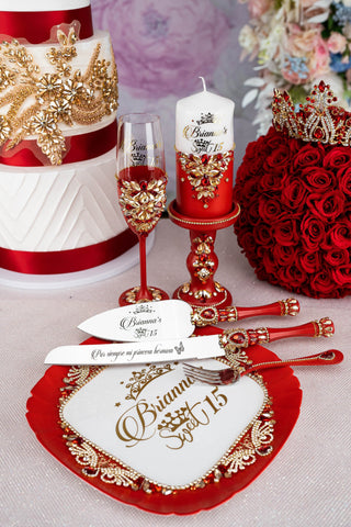 Red quinceanera brindis package with candle