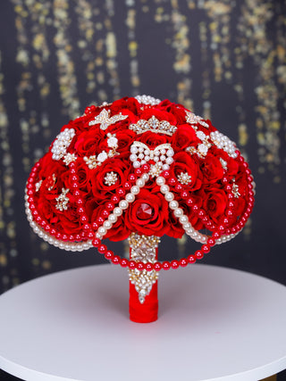 Red with pearl quinceanera bouquet 13 inches