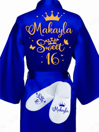 Sweet 16 Royal Blue with Gold robe with slippers