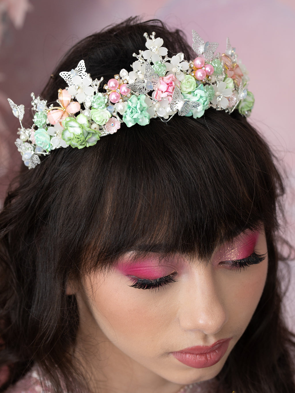 Quinceanera Flower Tiara Sage Green Pink Headband  display picture 1