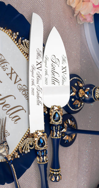 Navy blue with gold quinceanera cake knife and server