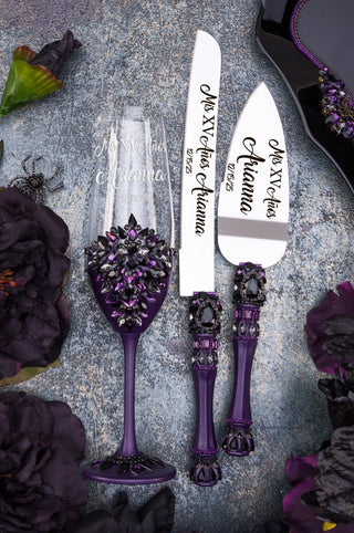 Purple Black Quinceanera cake knife set with plate and fork