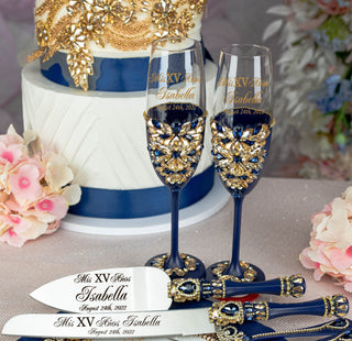 Navy blue with gold quinceanera cake knife set with 2 glasses