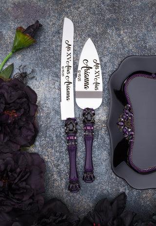 Purple Black Quinceanera cake knife set with plate and fork