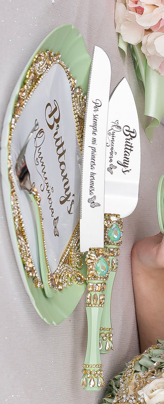 Sage Green Quinceanera cake knife and server