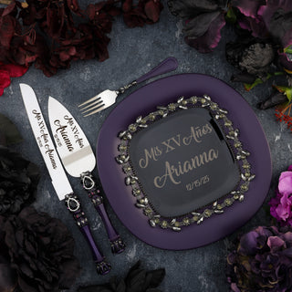 Purple Black Quinceanera cake knife set with plate and fork