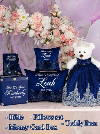 Navy Blue with silver Quinceanera package of Money Card Box, Bible, pillows set and Teddy Bear