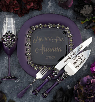 Purple Black Quinceanera cake knife set with plate and fork