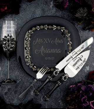 Black Gothic Quinceanera cake knife set with 1 glass