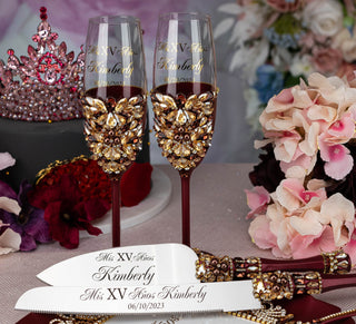 Burgundy quinceanera cake knife set with 2 glasses