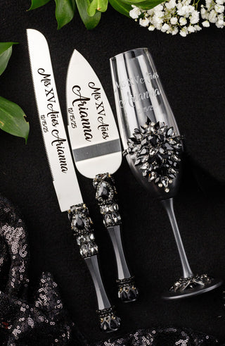 Black Gothic Quinceanera cake knife and server