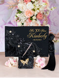 Black with Gold quinceanera guest book with pen