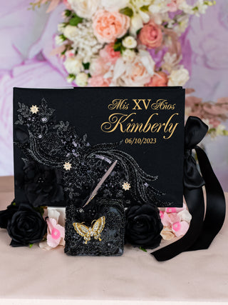 Black with Gold quinceanera guest book with pen