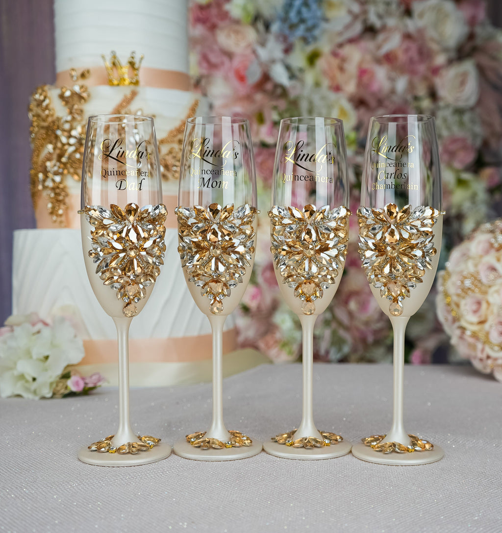 Gold 4 quinceanera champagne glasses / quinceaneradecor