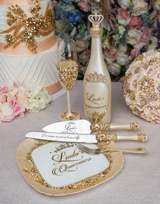 Gold quinceanera brindis package with bottle