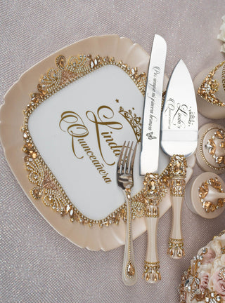 Gold quinceanera cake knife set with plate and fork