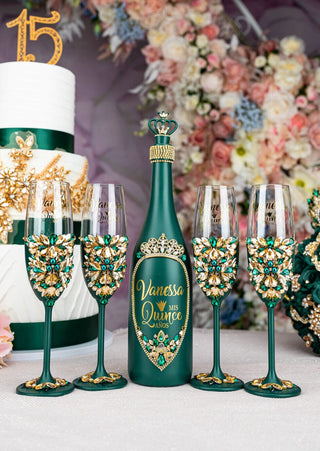 Green quinceanera bottle with 4 glasses
