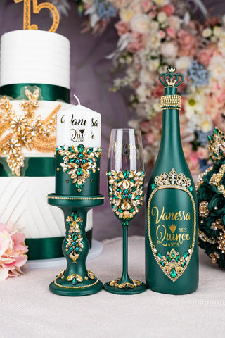 Green quinceanera package of bottle, glass and candle