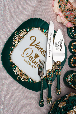 Green quinceanera cake knife set with plate and fork