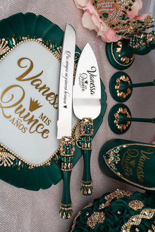 Green quinceanera cake knife and server