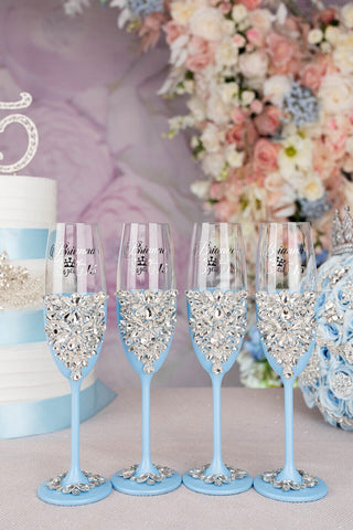 Light blue 4 quinceanera champagne glasses