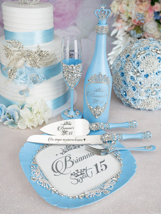 Light blue quinceanera brindis package with bottle