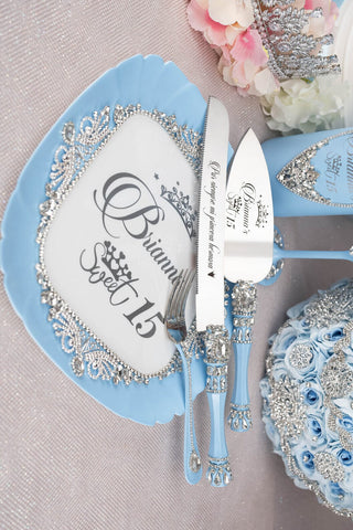 Light blue quinceanera cake knife set with plate and fork