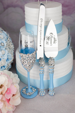 Light blue quinceanera cake knife set with 1 glass