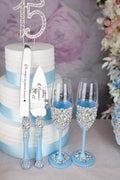 Light blue quinceanera cake knife set with 2 glasses