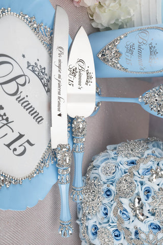 Light blue quinceanera cake knife and server