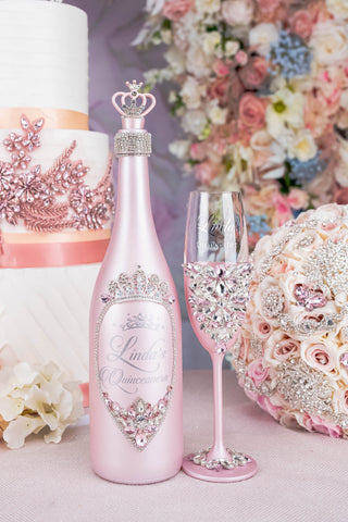 Pink quinceanera bottle with 1 glass
