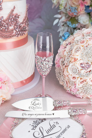 Pink quinceanera cake knife set with 1 glass