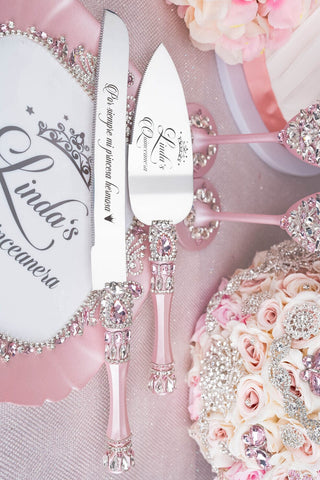 Pink quinceanera cake knife and server