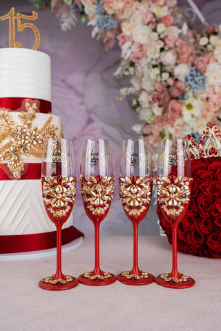Red 4 quinceanera champagne glasses