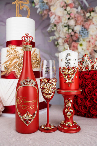 Red quinceanera package of bottle, glass and candle