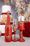 Red quinceanera package of bottle, glass and candle