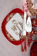 Red quinceanera cake knife set with plate and fork