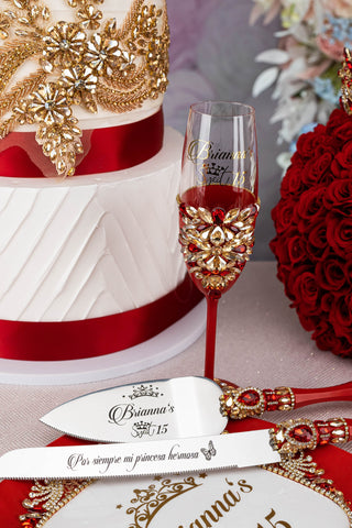 Red quinceanera cake knife set with 1 glass