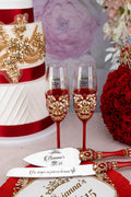 Red quinceanera cake knife set with 2 glasses