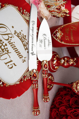 Red quinceanera cake knife and server