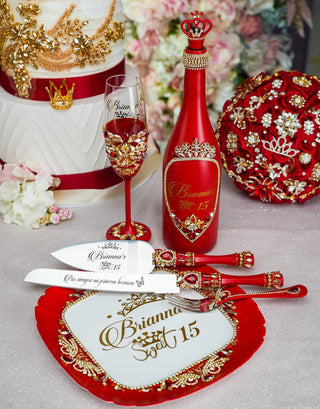 Red quinceanera brindis package with bottle
