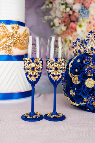 Royal blue 2 quinceanera champagne glasses