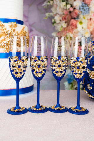 Royal blue 4 quinceanera champagne glasses