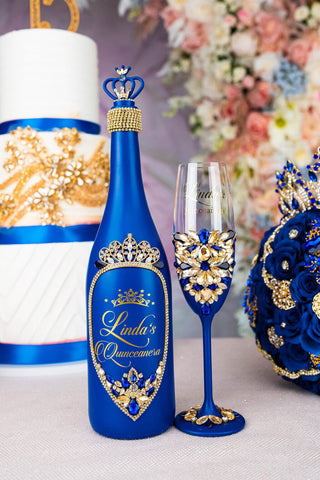 Royal blue quinceanera bottle with 1 glass