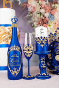 Royal blue quinceanera package of bottle, glass and candle
