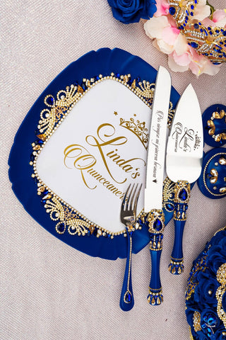 Royal blue quinceanera cake knife set with plate and fork