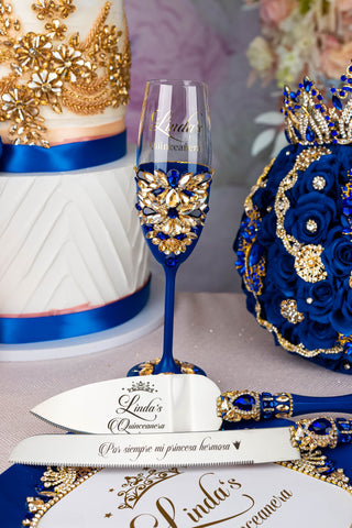 Royal blue quinceanera cake knife set with 1 glass