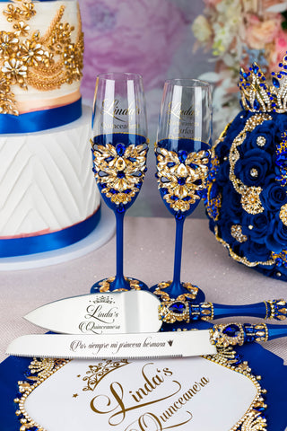 Royal blue quinceanera cake knife set with 2 glasses