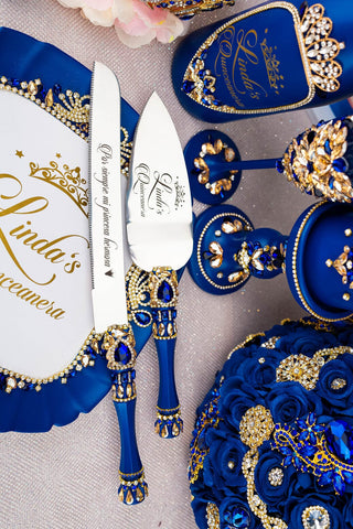 Royal blue quinceanera cake knife and server