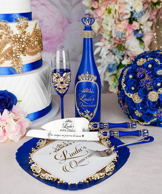 Royal blue quinceanera brindis package with bottle